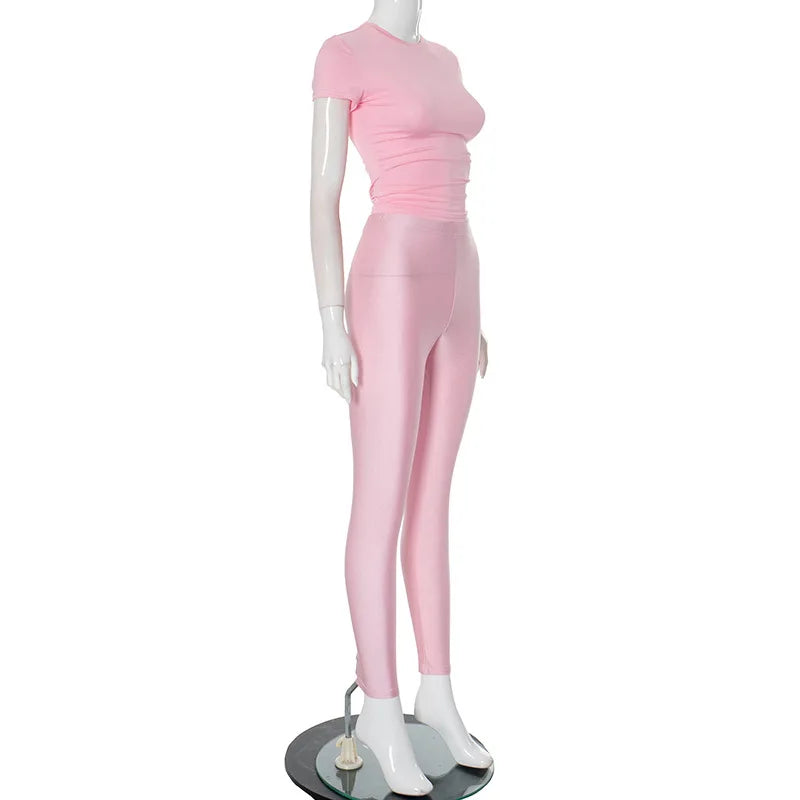 Casual Women 2 Piece Set Tracksuit Shorts Sleeve Crop Tops+Silky Leggings Matching