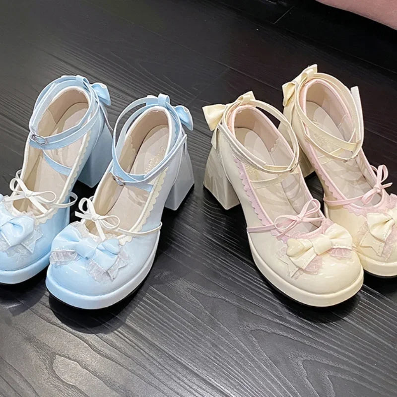 Round Toe Square Heel Increased Fashion Elegant High Heel Women's Shoes Bow Decorated Mary Jane Shoes