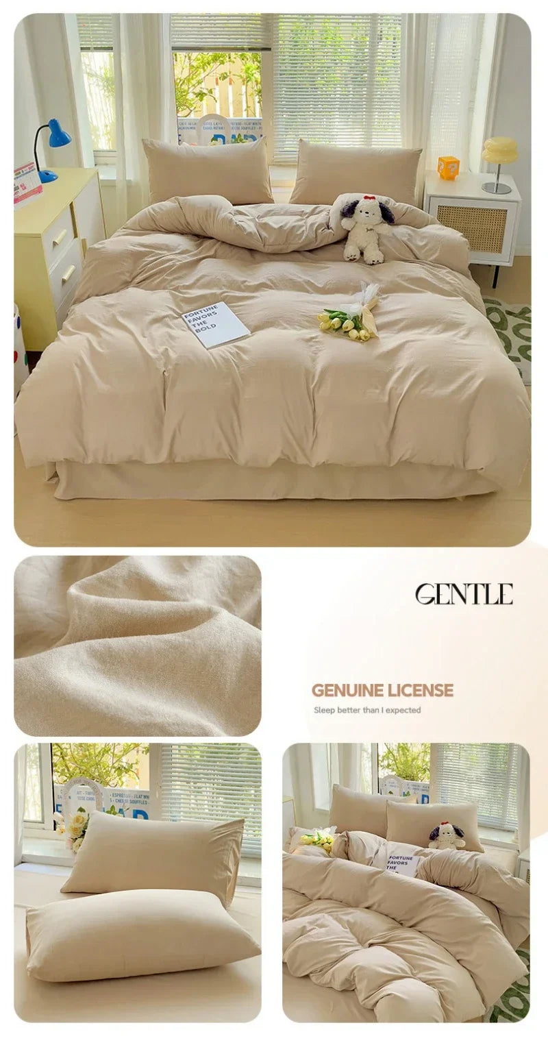 Solid Bed Linen Cotton Bedding Set 4pcs with Sheet Duvet Cover Pillowcases Single Couple Bedsheet