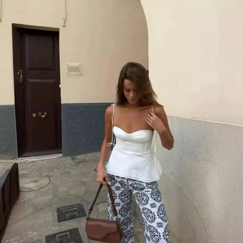 White Smocked Strappy Camisole Women's Sexy Sleeveless Ruffle Slim Bra Solid Color Streetwear Y2k Women's Tops Camisole