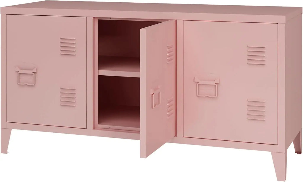 Pink TV Stand Metal TV Table With Storage Steel 3 Door Locker Cabinet For Living Room
