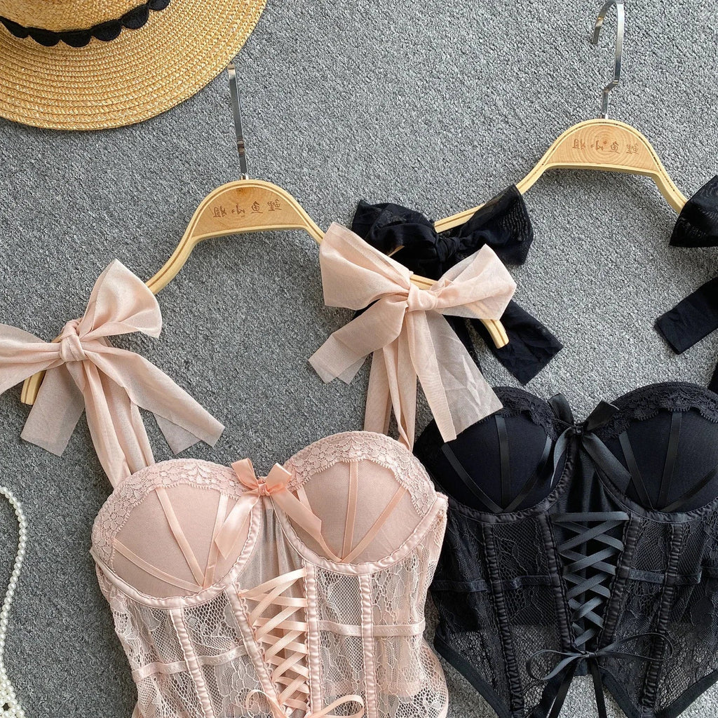 Spaghetti Strap Tank Top for Women Strapless Build in Bra Lace Patchwrok Tulle Bow Camis Summer Casual Female Camisoles