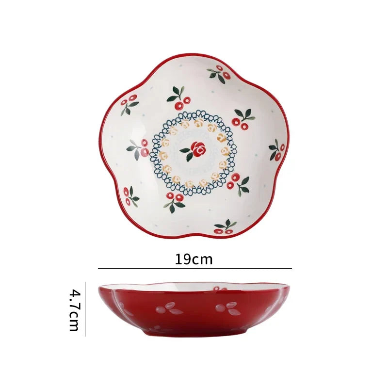 Cherry Ceramic Bowl Retro Vegetable Salad Bowl Fruit Bowl Steamed Egg Bowls Dessert Snack Bowls Restaurant Ceramic Tableware