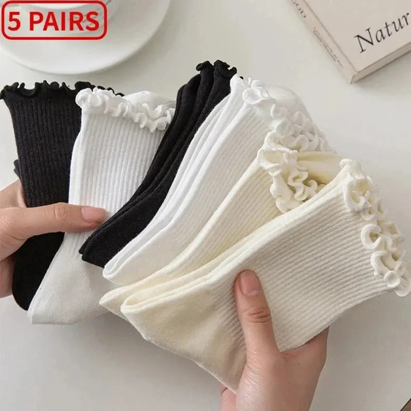 Pairs Lot Socks for Women Ruffle Middle Tube Ankle Short Breathable Black White Set Spring Autumn