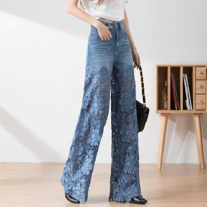 Vintage Hollow Out Lace Flowers Lady Jeans Loose Straight Denim Pants High Street Elegant Summer New Trousers Chic Fashion Pant