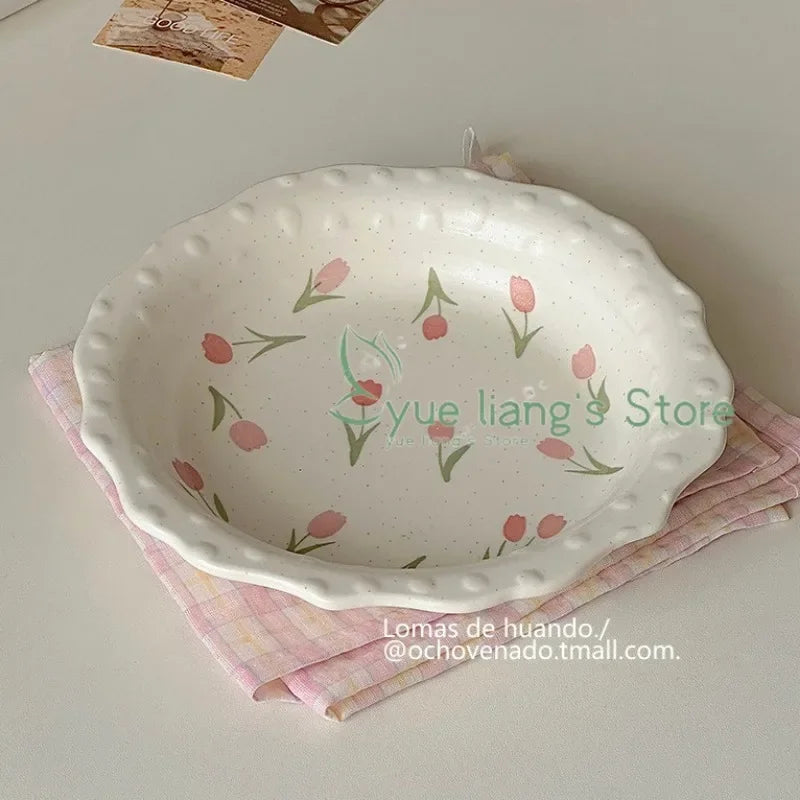 Tulip Wave Bead Point Plate, French Vintage Lace Underglaze Delicate  Dinner Entree Plate