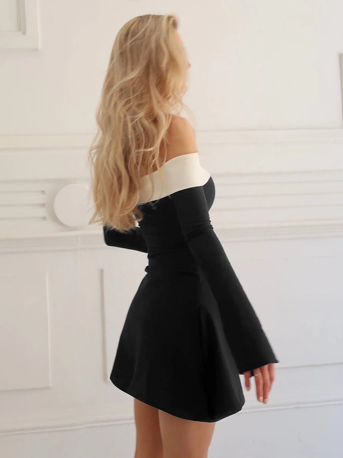 Off Shoulder Long Sleeves Slim Mini Dress Women's Sexy Elegant Outfit