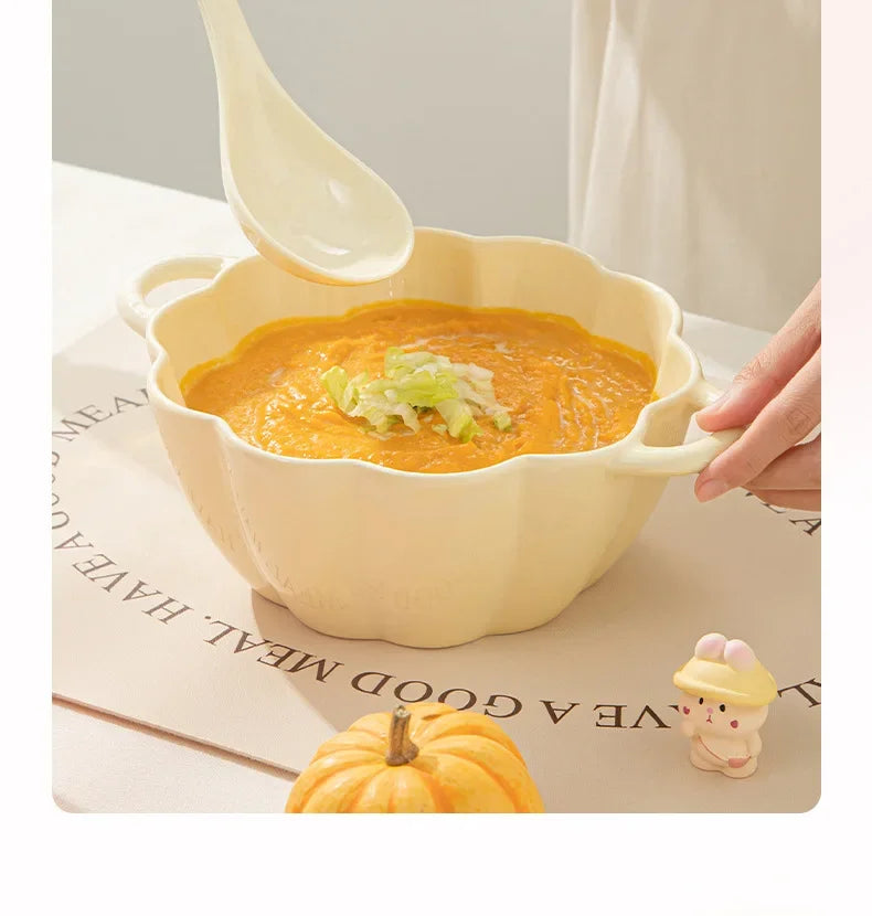 Strawberry Double Ear Ceramic Bowl,Cream 6.5-inch 9.5-inch Soup Bowl with Handle Home