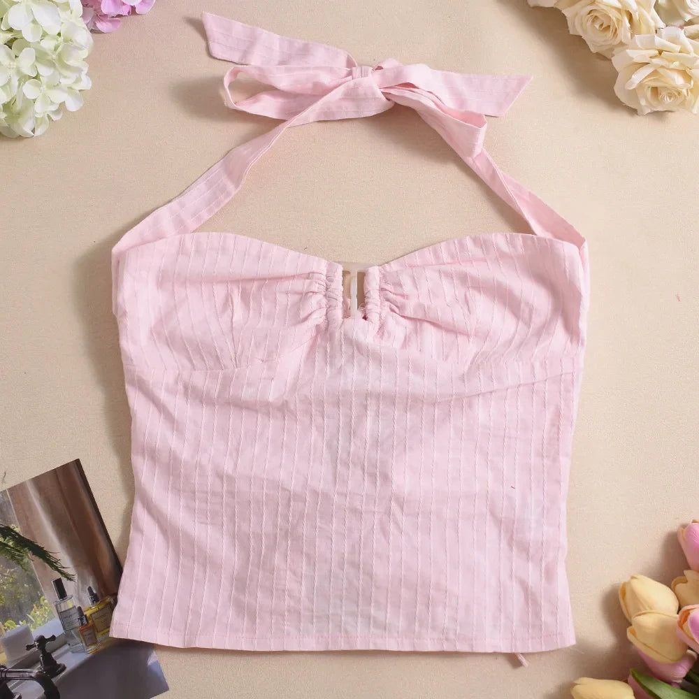Stripe Crop Backless Halter Lace-Up Tank Top Woven Solid Color Chic Summer Sleeveless Slim Blouse Vest