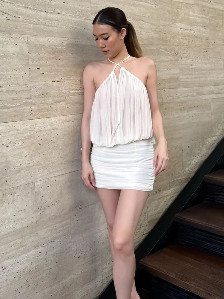 Ruched Sexy Mesh Dress Women Elegant Backless Draping Strapless Bodycon