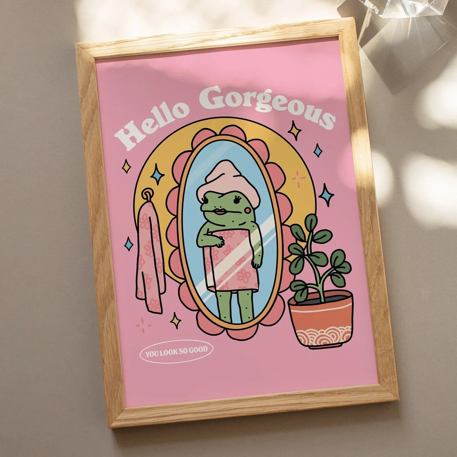 Girly Frog Self Love Wall Print, Positivity Hello Gorgeous Quote, Pink Retro Posters