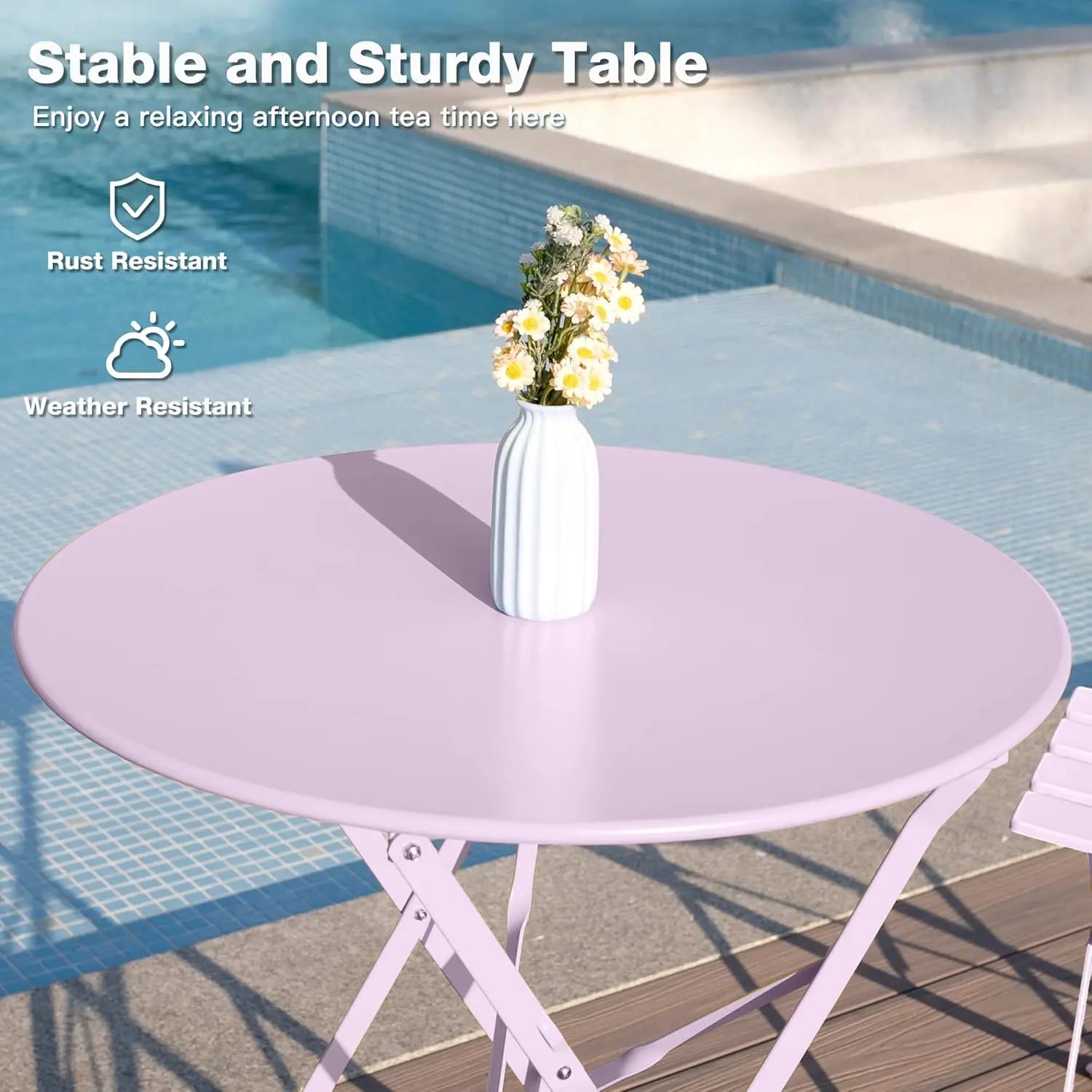 Set of 3 Piece Bistro Set, Folding Patio Furniture Set, Outdoor Table And Chairs Set For Patio, Garden, Balcony And Poolside, Pink