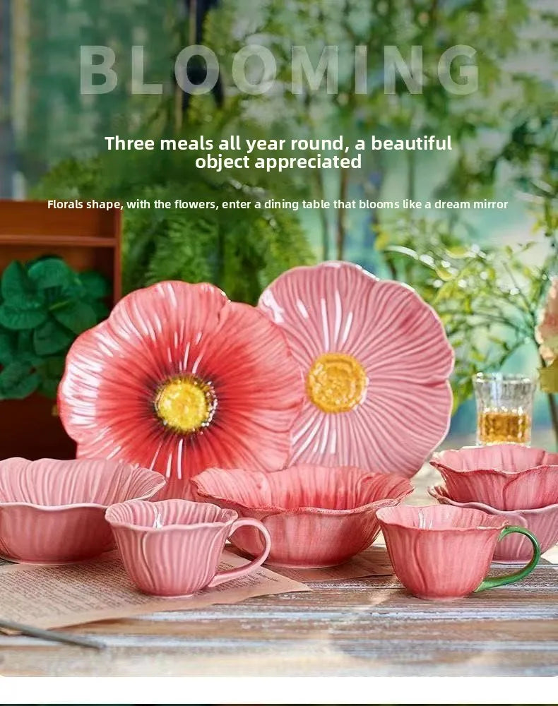 Ceramic Flower Serving Plate Cake Dessert Plate Flower Ceramic Bowl Tableware Set Dining Table