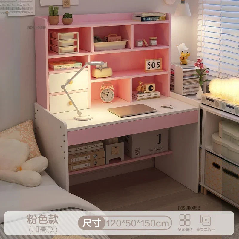 Girl Pink Bookshelf and Bookcase Integrated Study Desk with Storage Gaming Table Modern Office Furniture