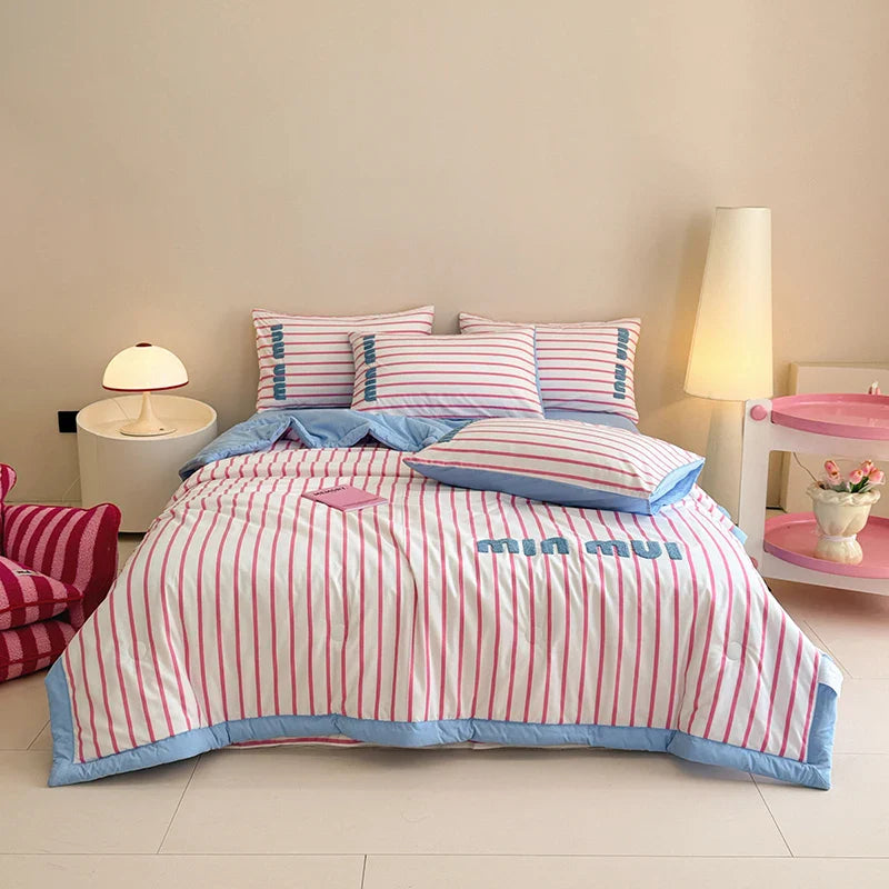 Stripe Quilt set Pink And White Bedding Set with Flat Sheet Set Soft  Fluffy Embroidery Quilt Set