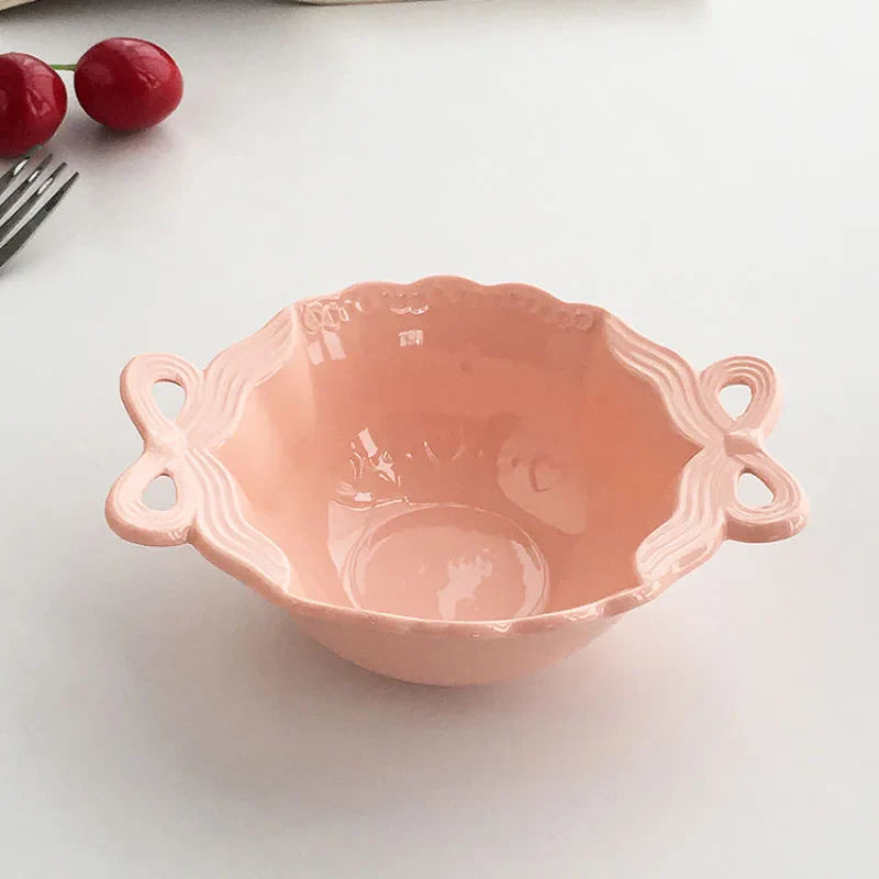 Porcelain Bowl Cute Hollow Out Bow Relief Solid Color Ceramic Dinnerware