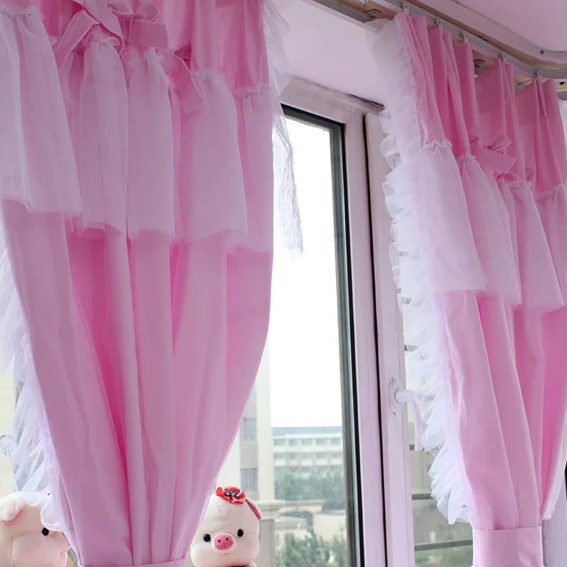 Princess Style Window Curtains, Cotton, Pink Lace, 2 Layer Curtain