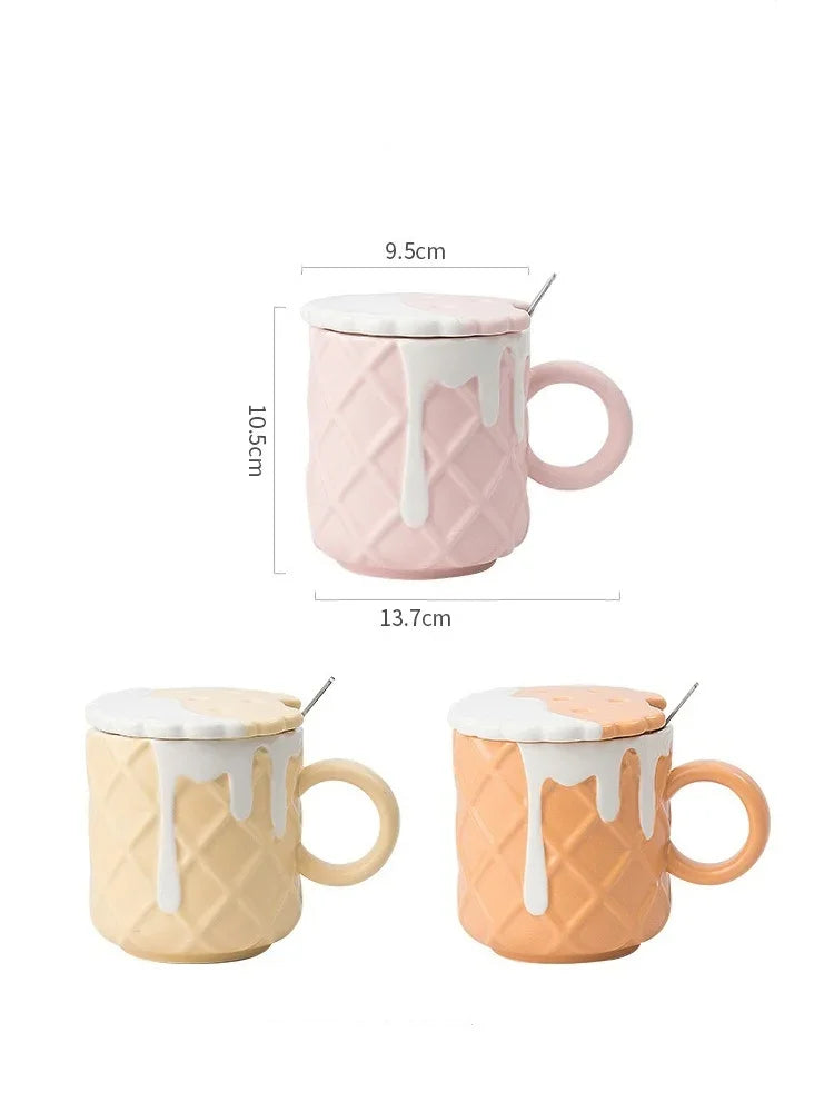 Kawaii Biscuit Pattern With Lid And Spoon Ceramic Cups Cute Cup Drinkware