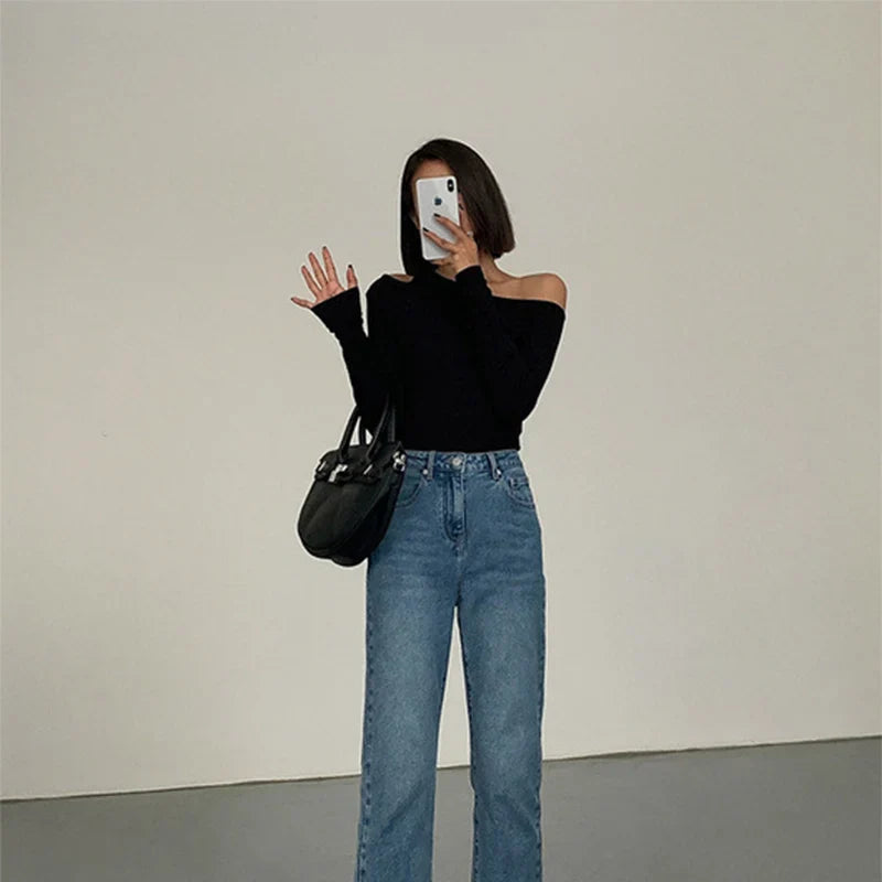 Skew Collar Off-shoulder Long-sleeved T-shirts Women Spring New Solid Slim Fit Crop Top Sexy Hollow Out Tees Shirts