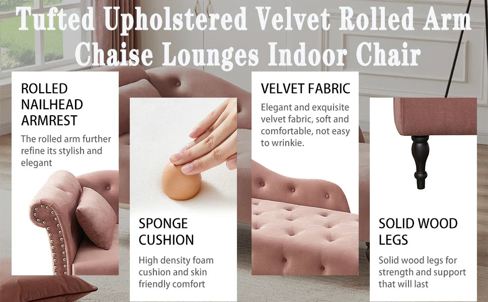Upholstered Velvet Rolled Arm Chaise Lounges Indoor Chair, Right Arm Facing Chaise Lounge with Nailhead Trim and 1 Pillow