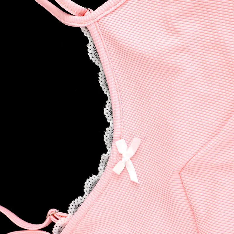 Women's 2 Piece Streetwear New Bow Pleated Skirt Pink Sweet Sexy Lace Backless V-Neck