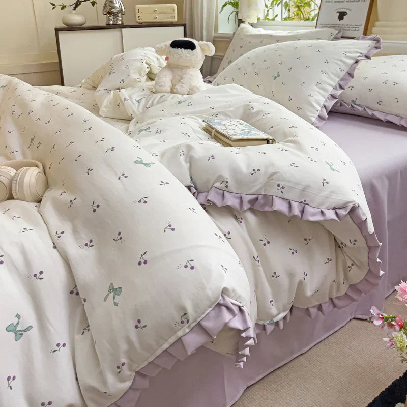 Princess Style Flowers Ruffles Soft Skin-friendly Duvet Cover Set Pillowcases Bedding Set