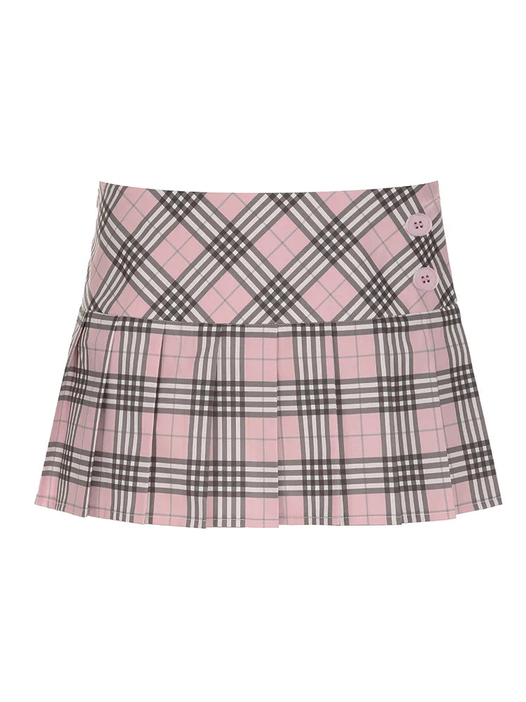 Cute  Preppy Style Chic Plaid Skirt - Buttons Cute Pleated Bottoms for Women Fashion Kawaii Mini Skirts