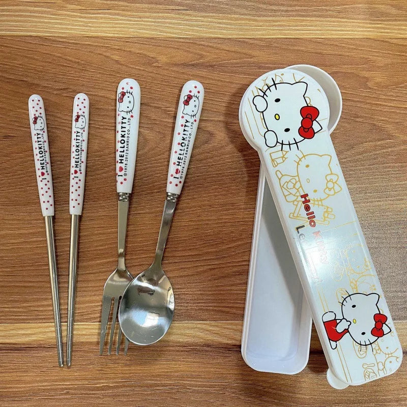 Sanrio Hello Kitty Kitchen Tableware Stainless Steel Chopsticks Spoon Fork Portable Dinnerware Set