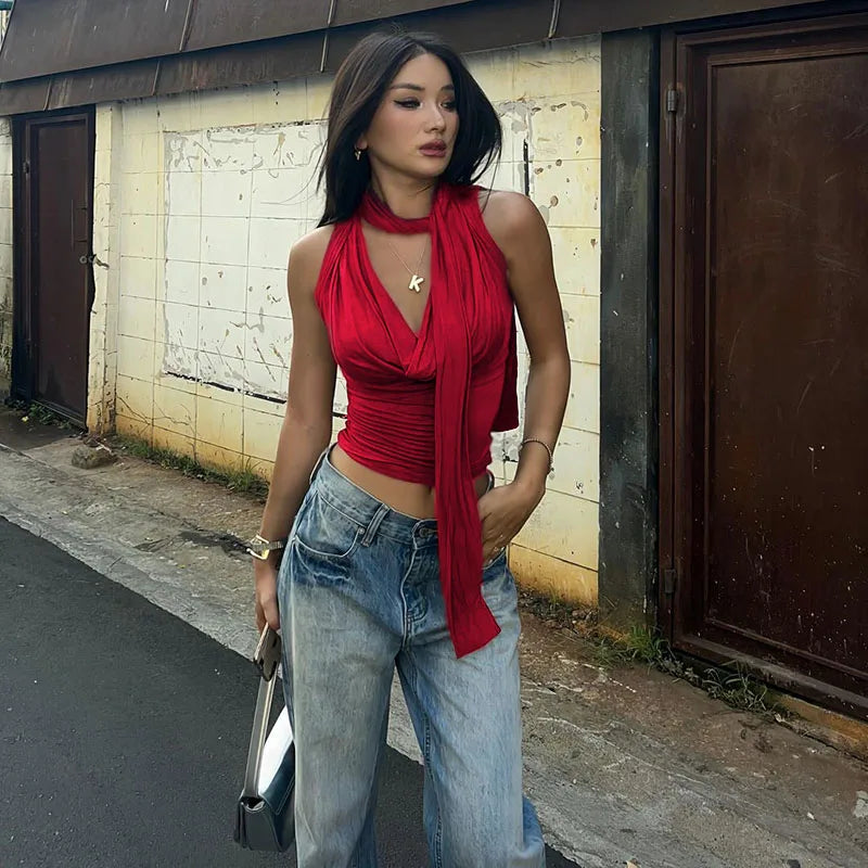 Summer New Tank Women Solid Sexy Sleeveless V-Neck Lady Top Fashion Bandage Streetwear Casual Slim Tank Elegant Knitted Clothing