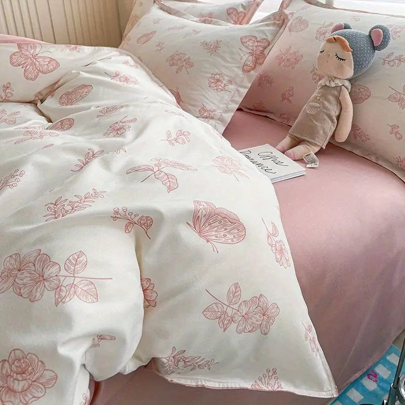 Pink Bedding Set Twin Full Queen Duvet Cover Girls Floral Bed Flat Sheet Pillowcase