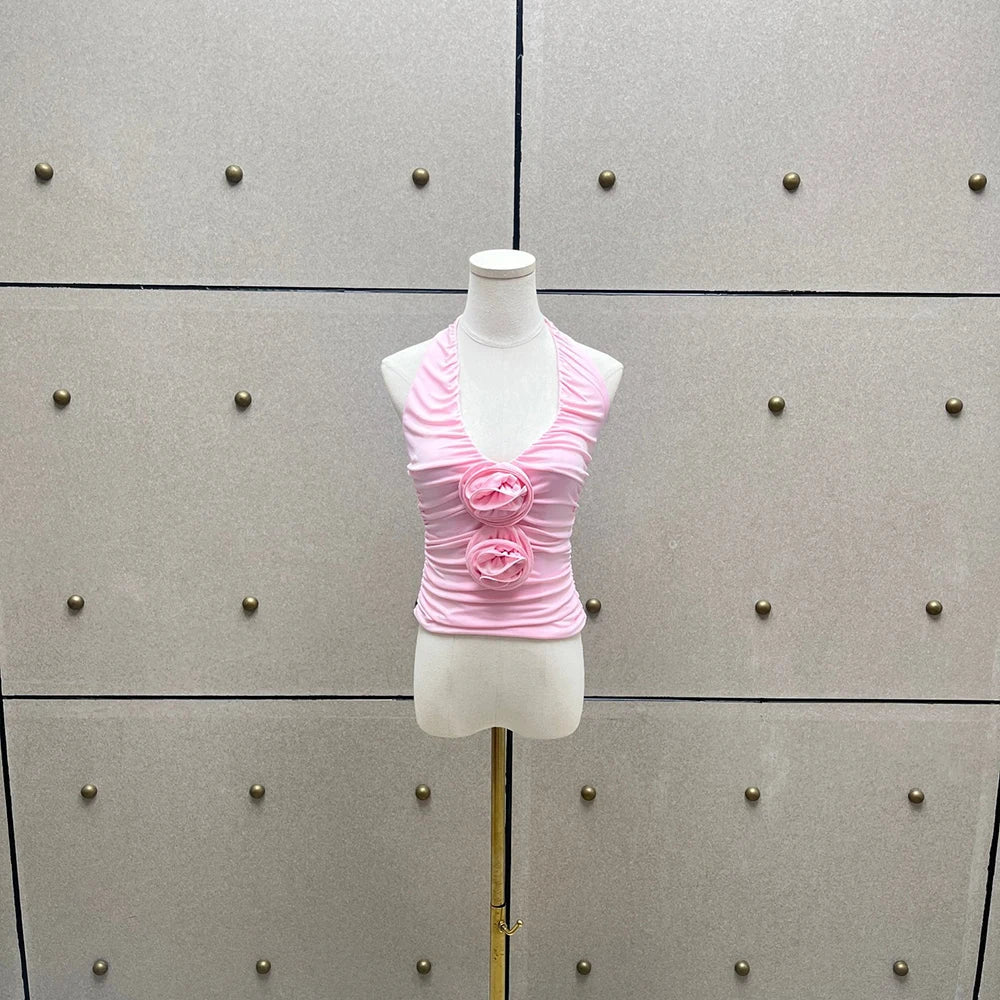 Handmade Floral Pink Women Sexy Backless Elegant Neck Sleeveless Tank Top