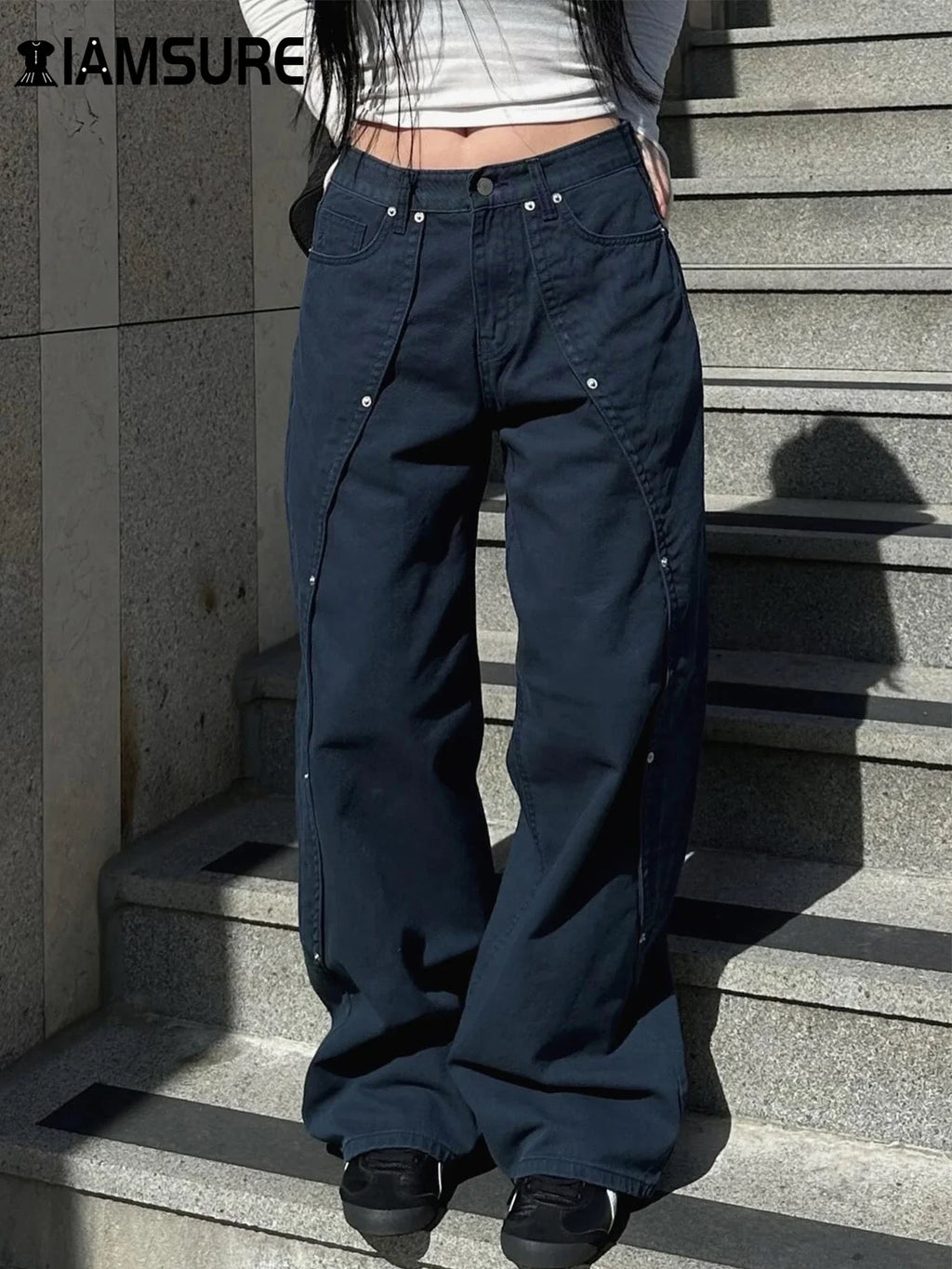 Casual Loose Rivet Jeans Wide Leg Pants Basic Low-Waisted Straight Pants Streetwear