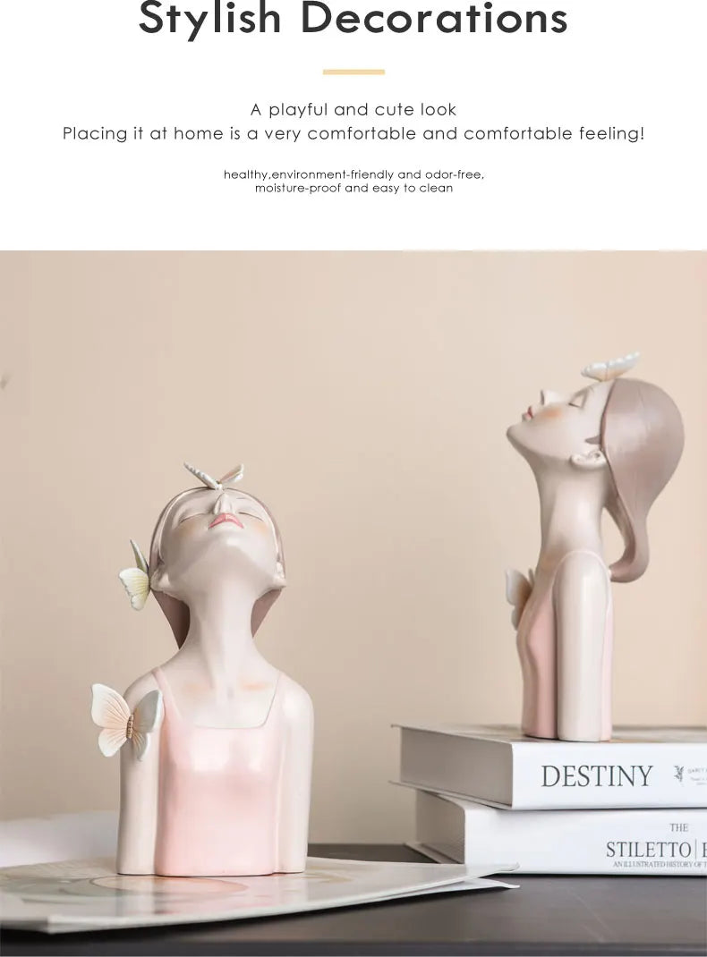 Pink Girl Butterfly Fairy Figurines, Resin Tabletop Statues, Creative Girl Bust With Butterflies, Home Decor Craft