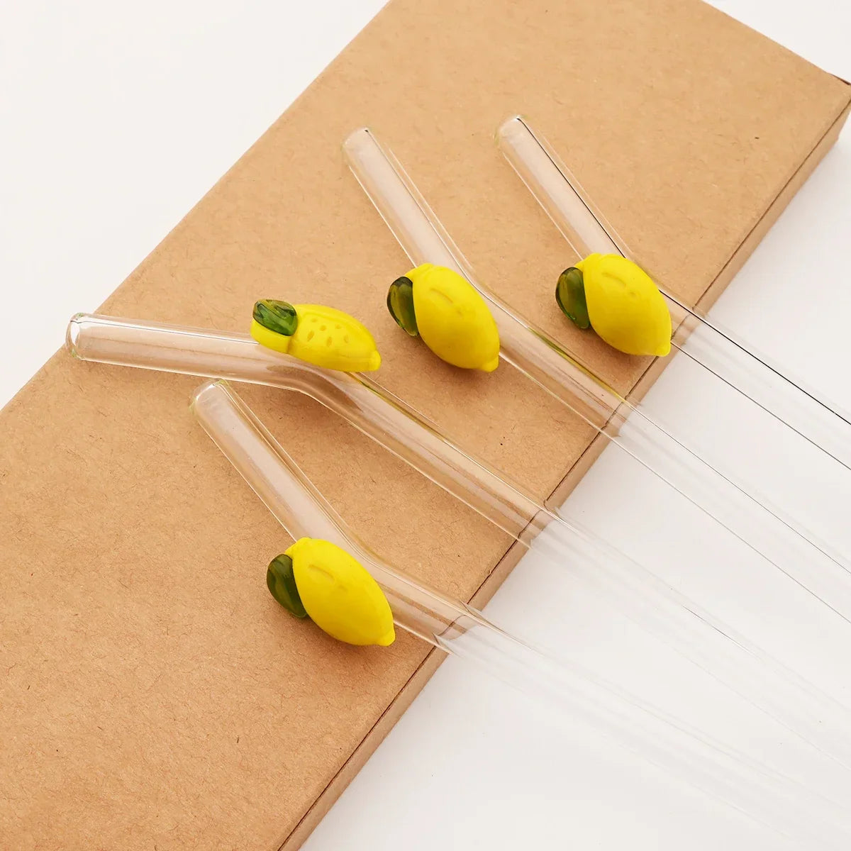 Lemon Glass Bent Straw Set with Brush 2/4/6/8pcs Drinkware