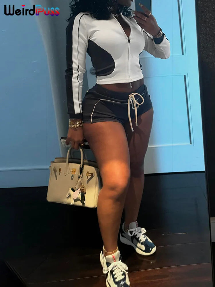 Casual Sporty 2 Piece Set Women Fall Trend Zip Hipster Patchwork Crop Jacket+Shorts Matching Classic Tracksuit Outfits