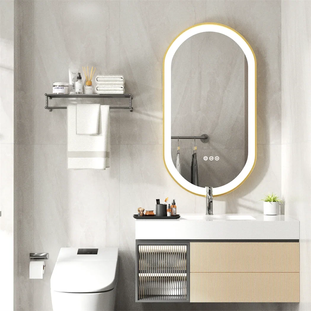 Luxury Oval Led Illuminated Bathroom Mirror Gold Aluminum Frame with Demister Pad