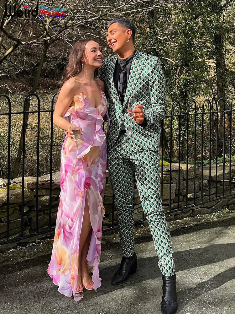 Flower Print Woman Summer Strapless Splits Irregular Tassel Patchwork Backless Skinny Dress