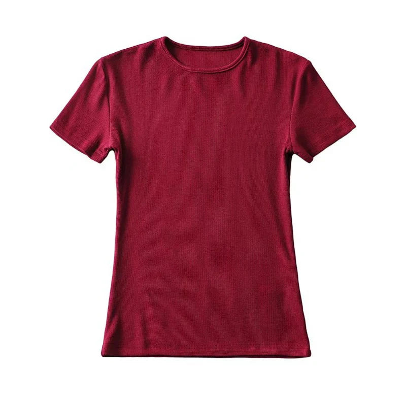 Summer Woman Skinny Fit T-shirt Tight Short-Sleeve O-neck Tee Basic Solid Crop Tops T Shirt
