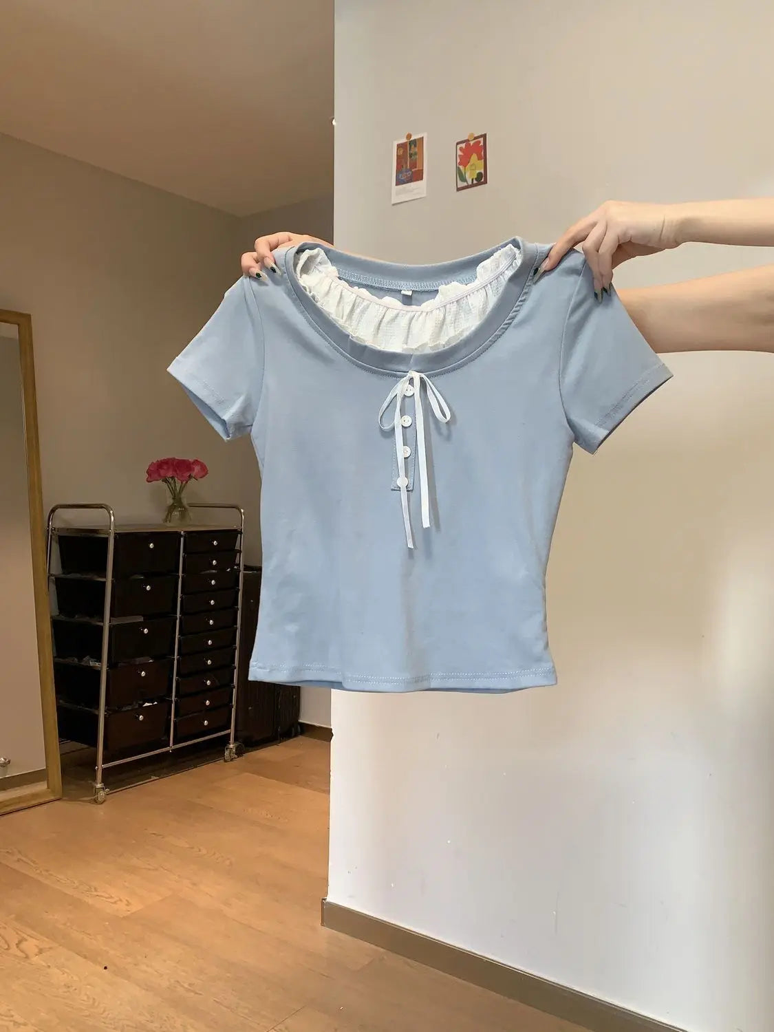 Sweet Style Fake Two-piece Bow Sweet Girl Top Short Sleeve T-shirt Slim Fit