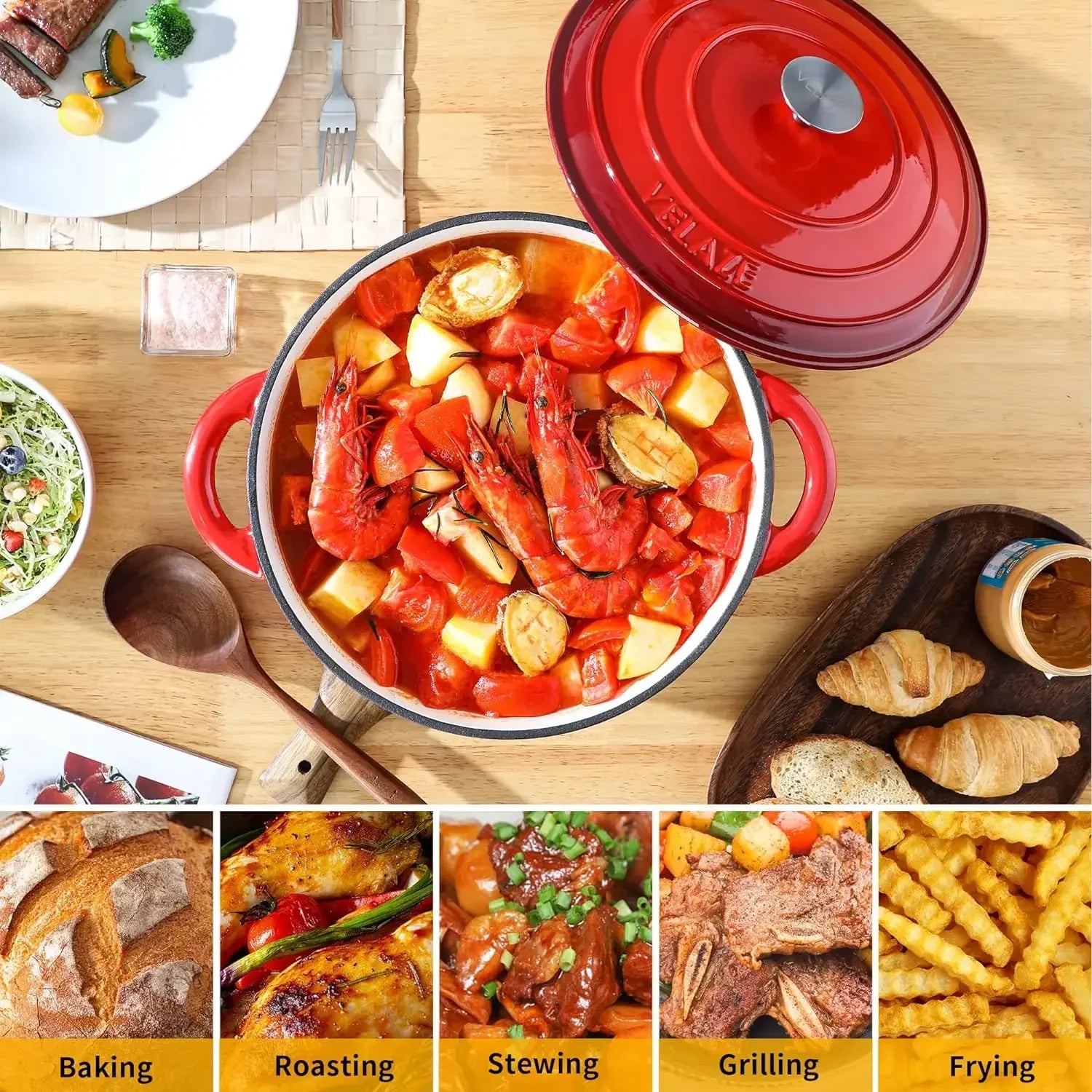 Red Enameled Dutch Oven Cast Iron Cookware Casserole Cooking Soup & Stock Pots And Pans Set