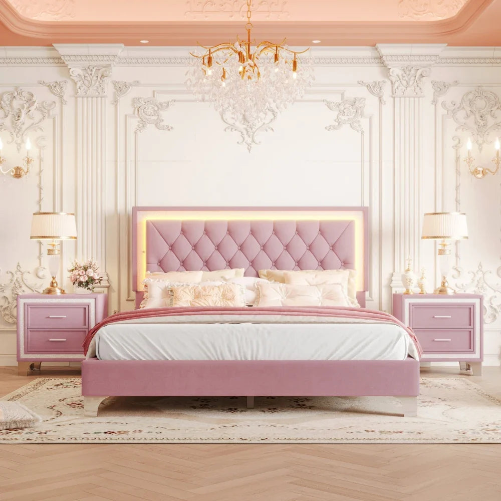 Three -Piece Upholstered Platform Bed Set with LED Lights and Nightstands Pink Velvet Foam-Filled Elegance & Ambiance Easy