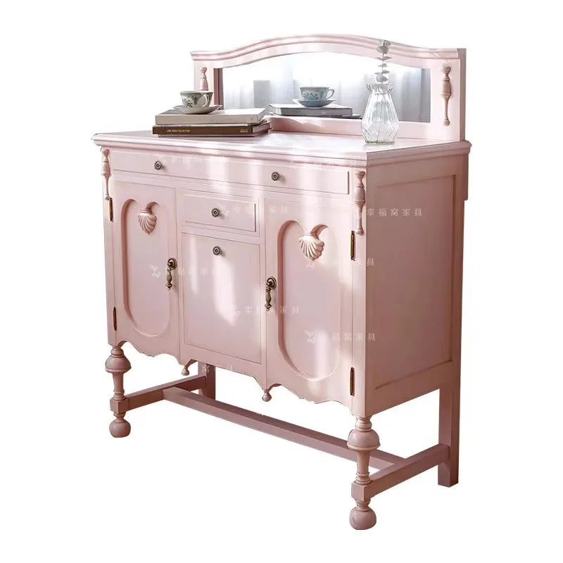 French Solid Wood Pink Studio Makeup Table with Mirror