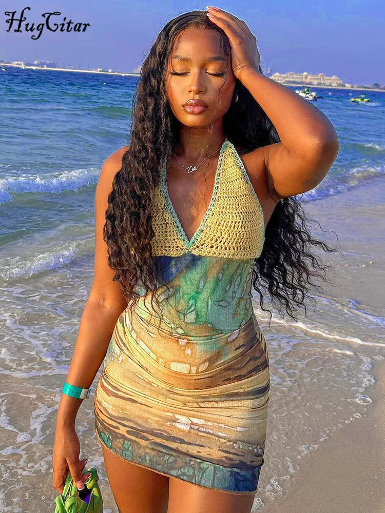 Halter Knitted Scenery Print Backless Lace Up Sexy Mini Dress Women Fashion Clothes