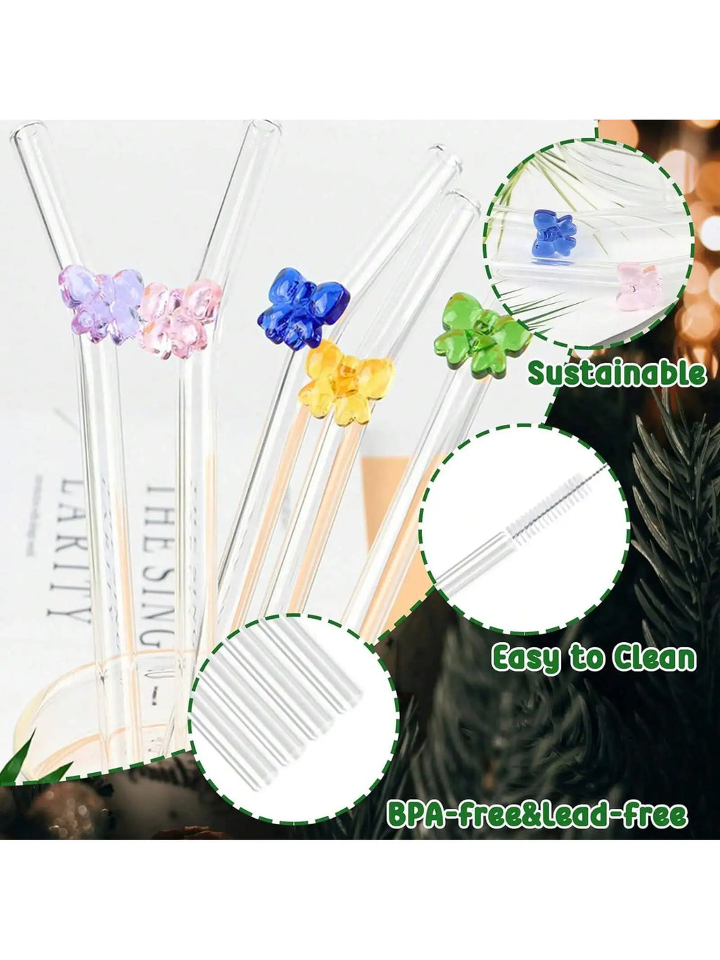 Reusable Cute Bow Glass Straws with  Cleaning Brush