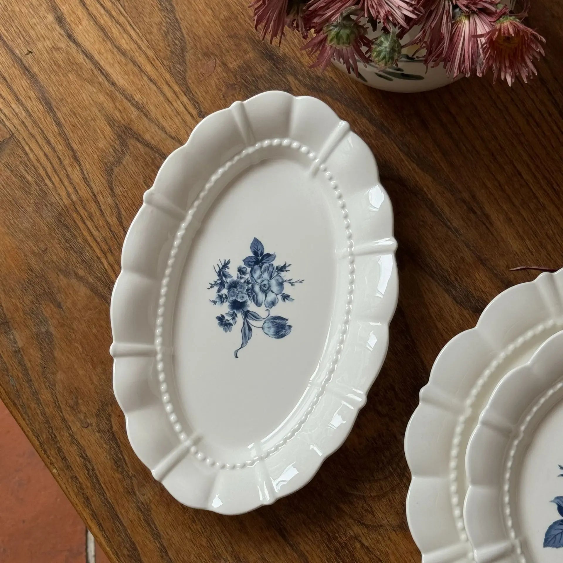 French Vintage Blue Floral Ceramic Plate Oval Dish High Value Dessert Serving Tableware
