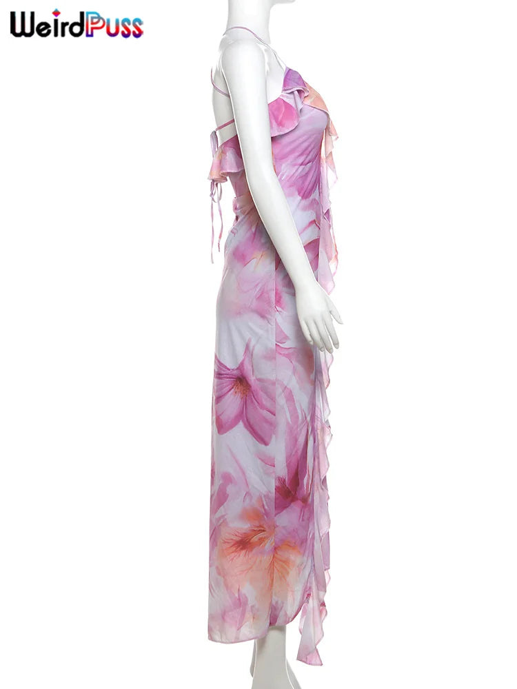 Flower Print Woman Summer Strapless Splits Irregular Tassel Patchwork Backless Skinny Dress