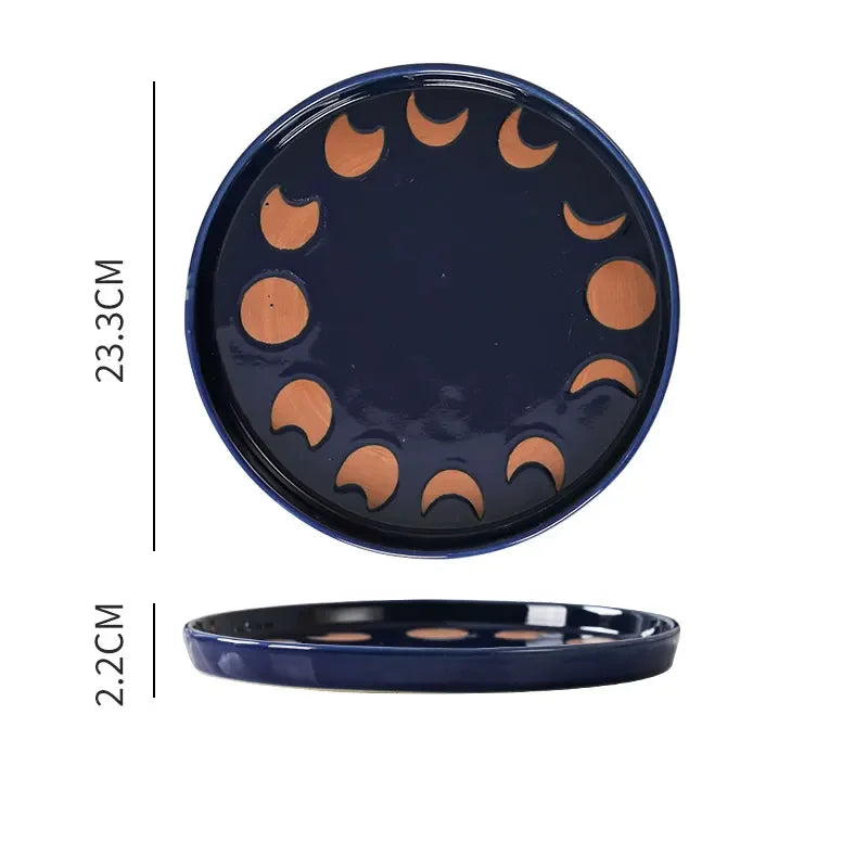 Vintage Hand Painted Dots Daisy Pottery Deep Plates Creative Moon Star Steak Flat Plate Handmade Salad Dinner Dishes