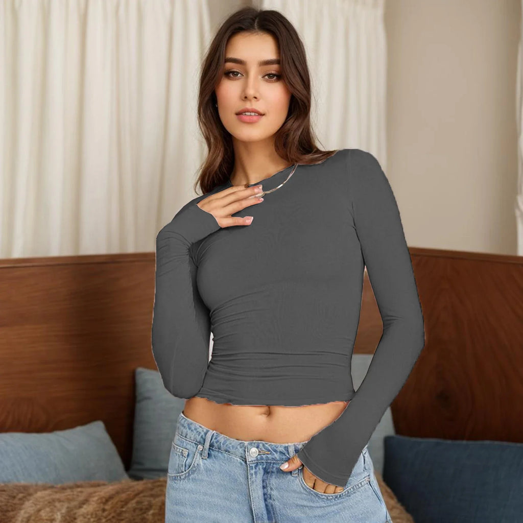 Long Sleeve T Shirt Women Y2k Crop Top Casual Slim Fit Pullovers Solid O Neck T-shirts Streetwear Female Basic Tee