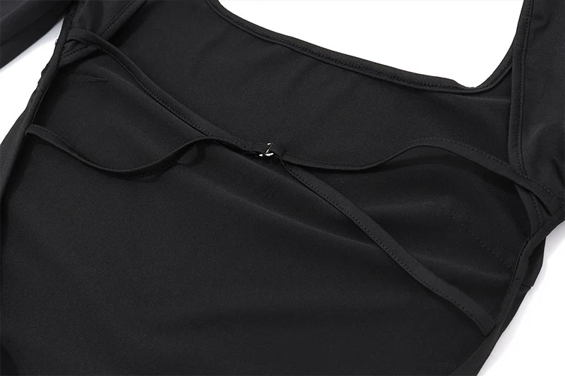 Sexy Lingerie Solid Backless Bodysuit Y2K Square-neck Long Sleeve Bodycon