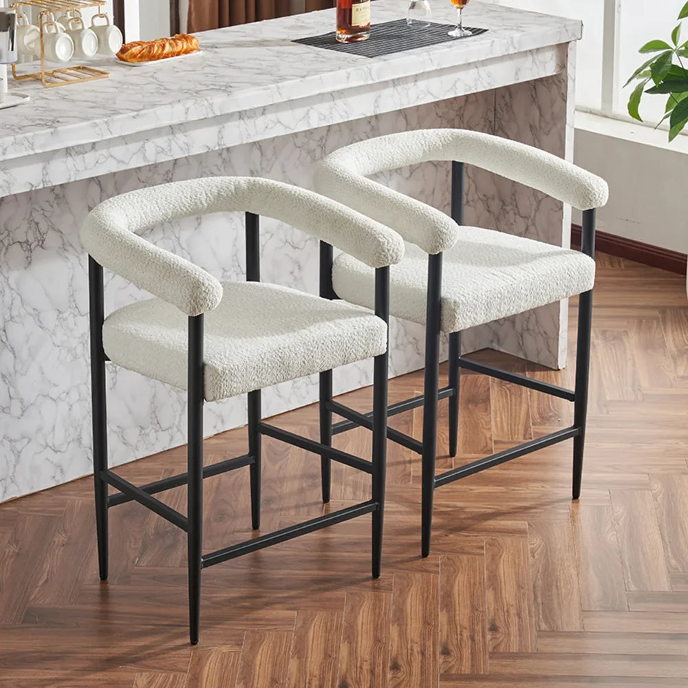 Modern Upholstered Bar Stools Set of 2, Boucle Fabric Counter Height Chairs, Kitchen Island Bar Chairs for Home, Dining Room
